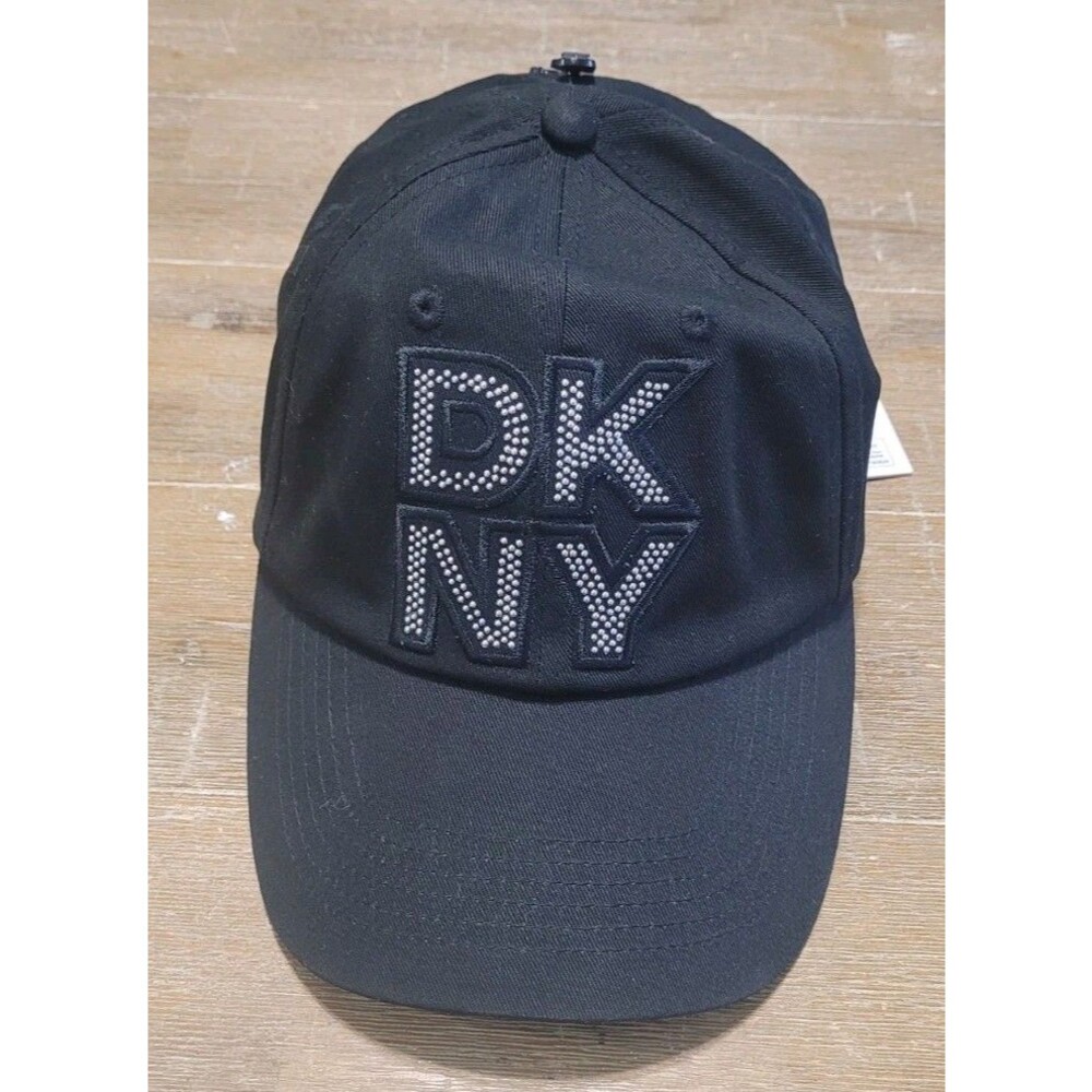 New - DKNY Hat Cap Black Rhinestone Logo Strap Back Womens Adjust Twill Baseball